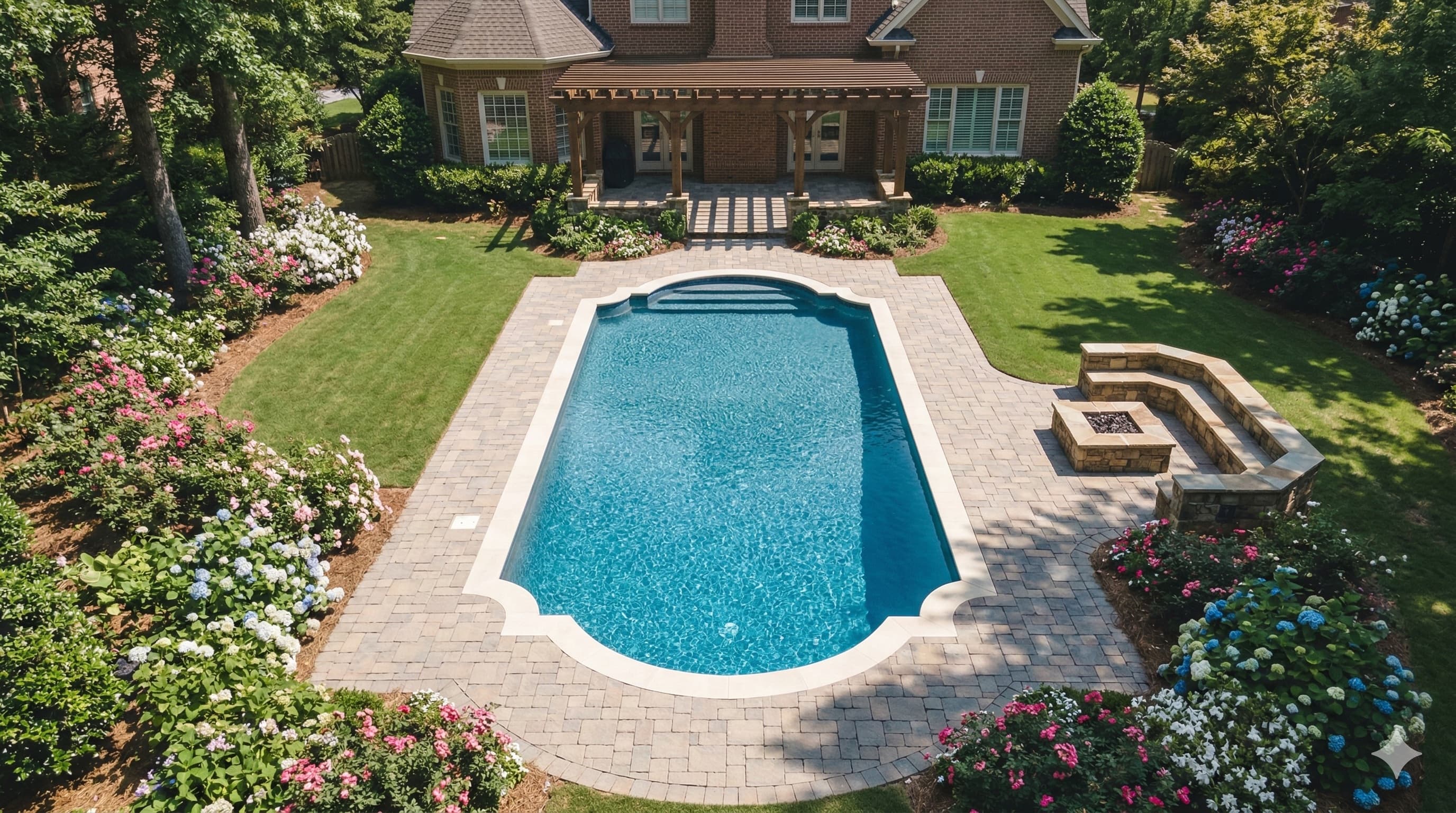 Aerial view of renovated backyard pool with stone deck and landscaping