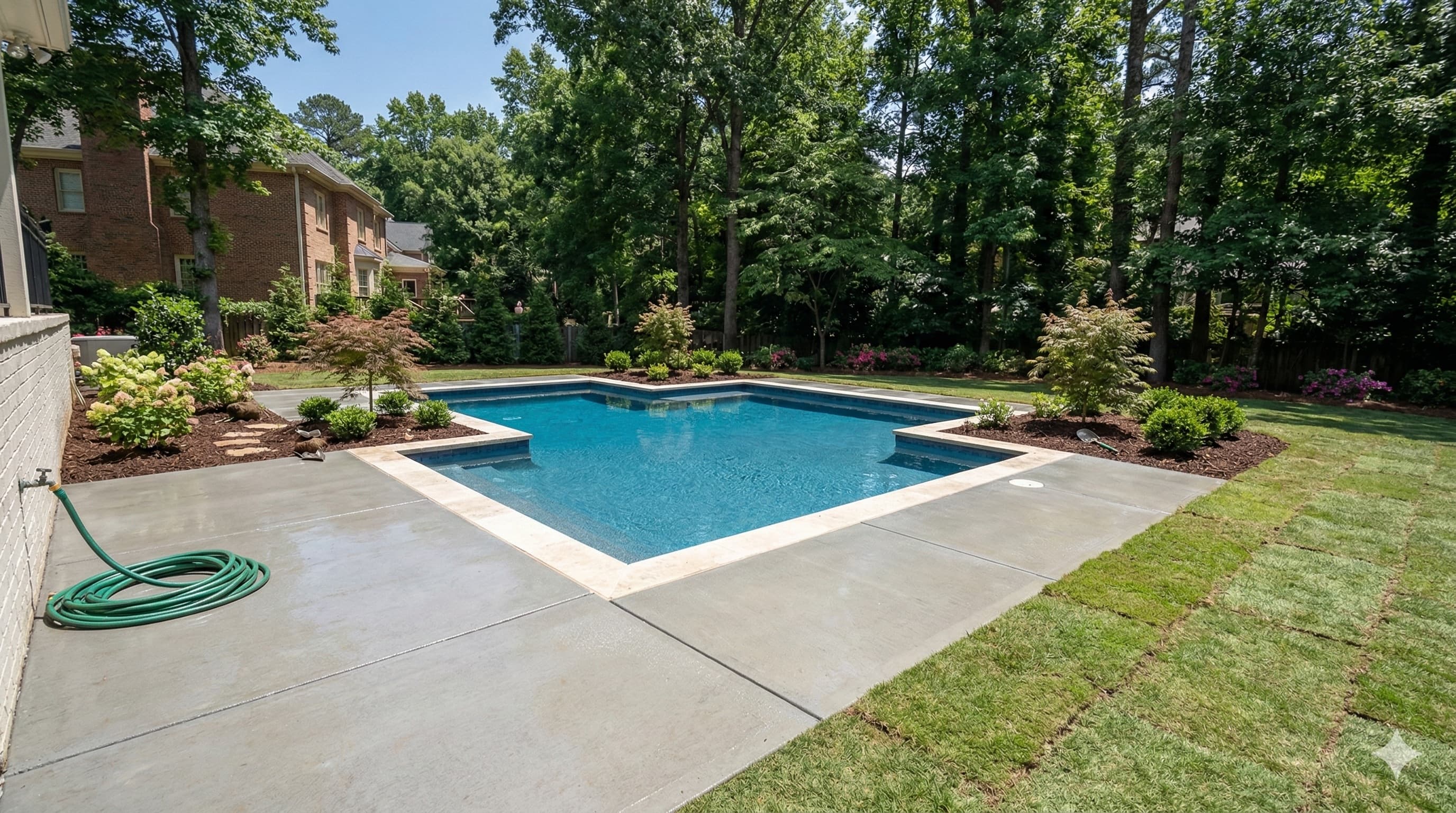 Completed pool renovation with paver deck and landscaped backyard