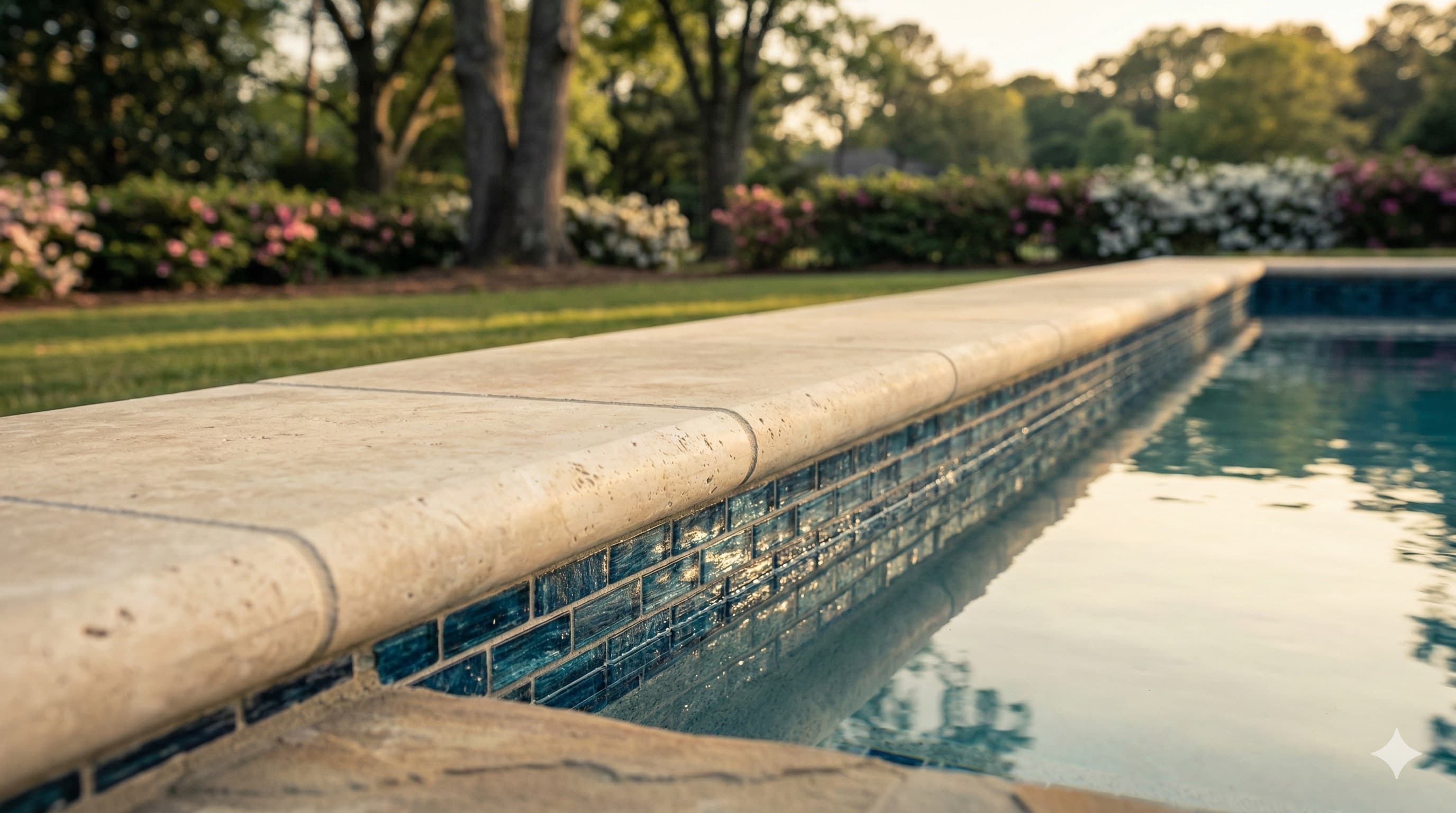 Close-up of pool coping and waterline tile detail
