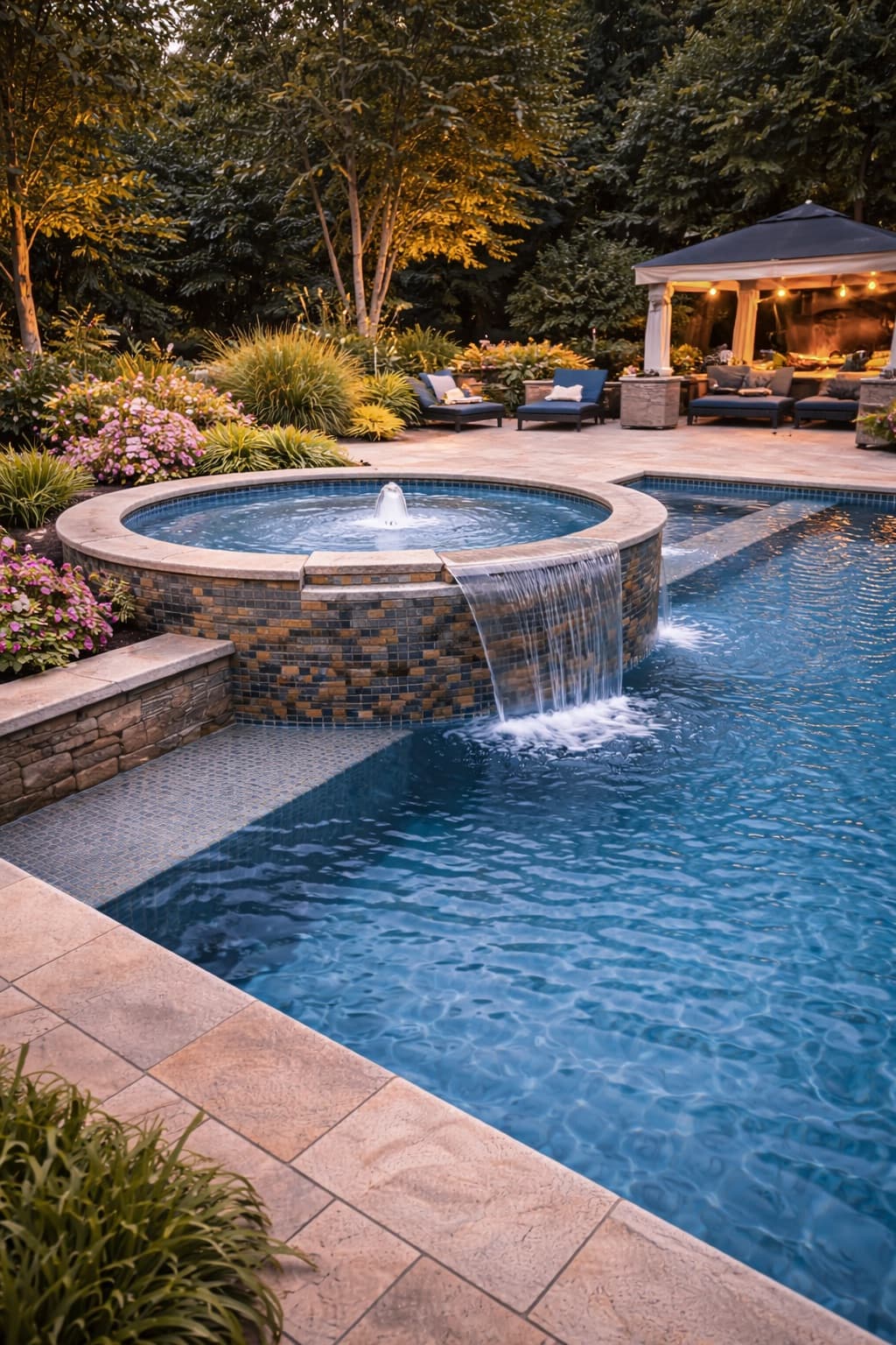 Pool with integrated spa, paver deck, and landscaping