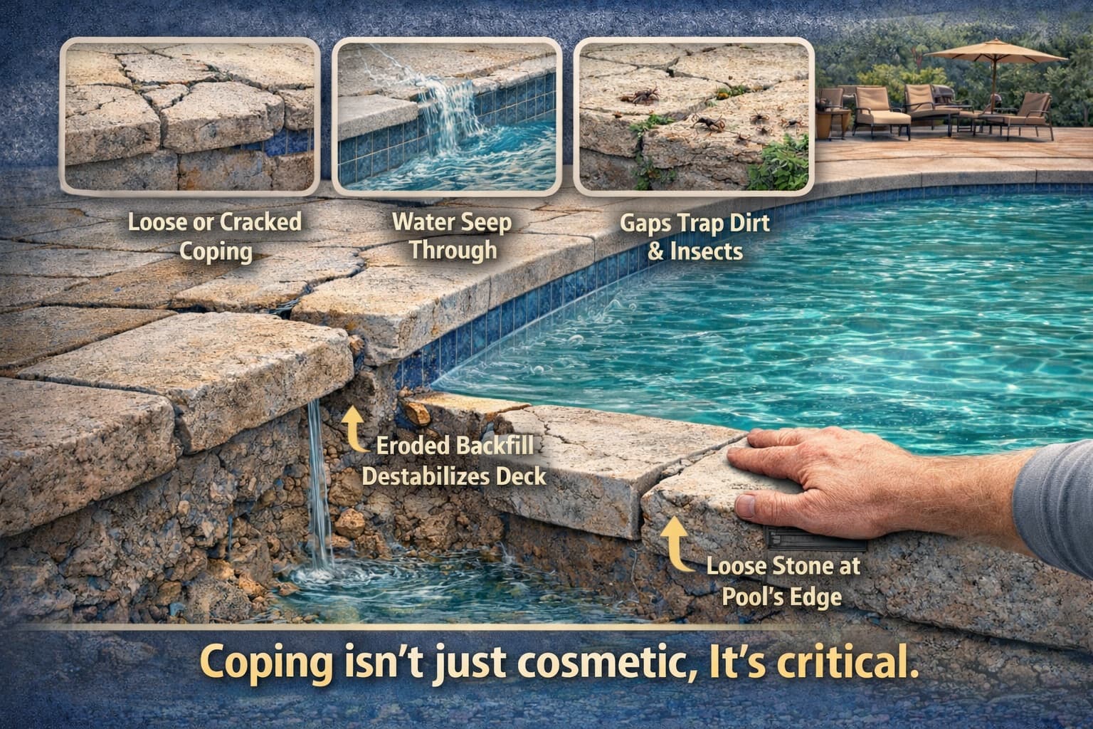 Infographic showing coping problems: loose or cracked coping, water seep through, gaps trap dirt and insects, eroded backfill destabilizes deck, loose stone at pool's edge