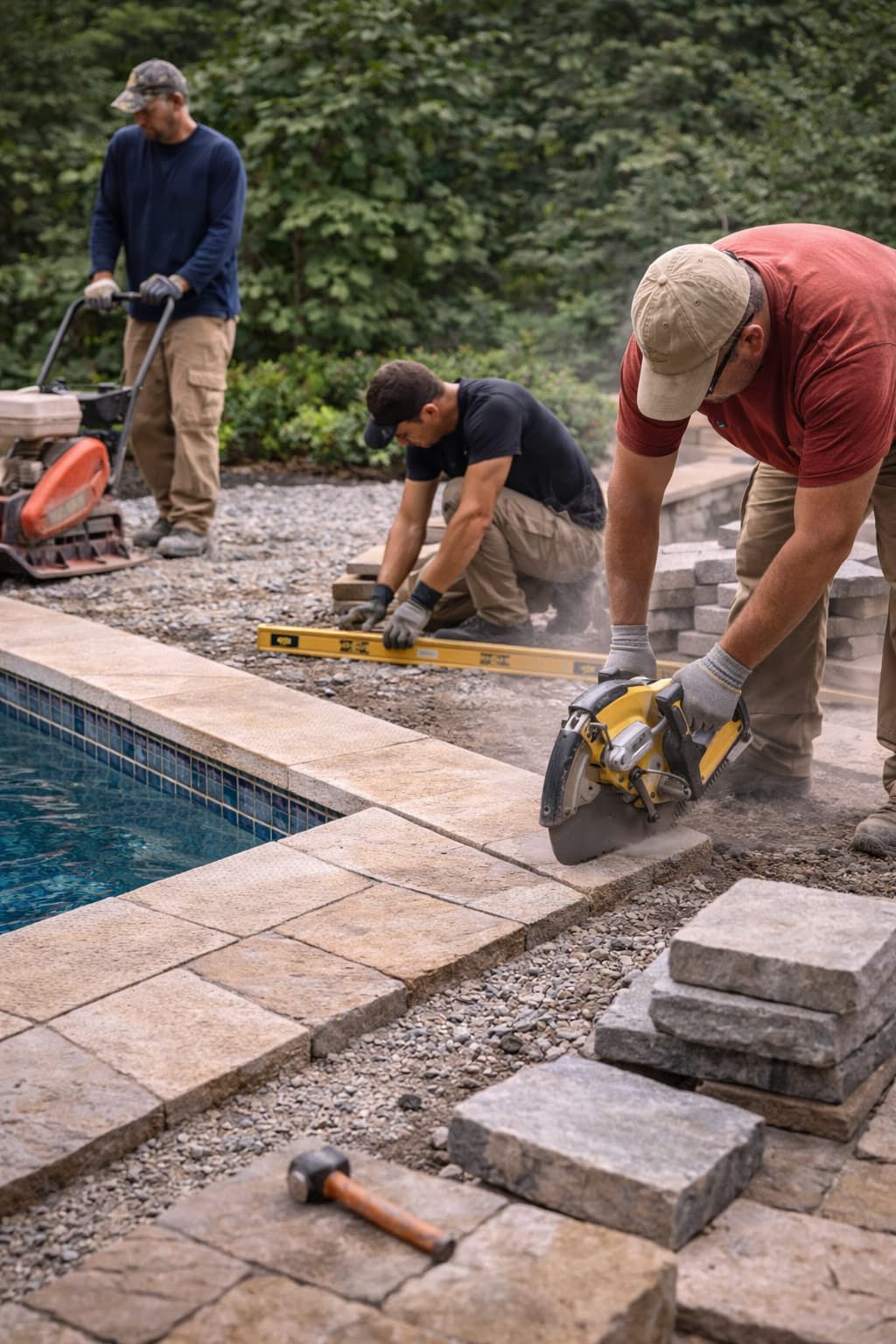 Crew installing paver pool deck around renovated pool