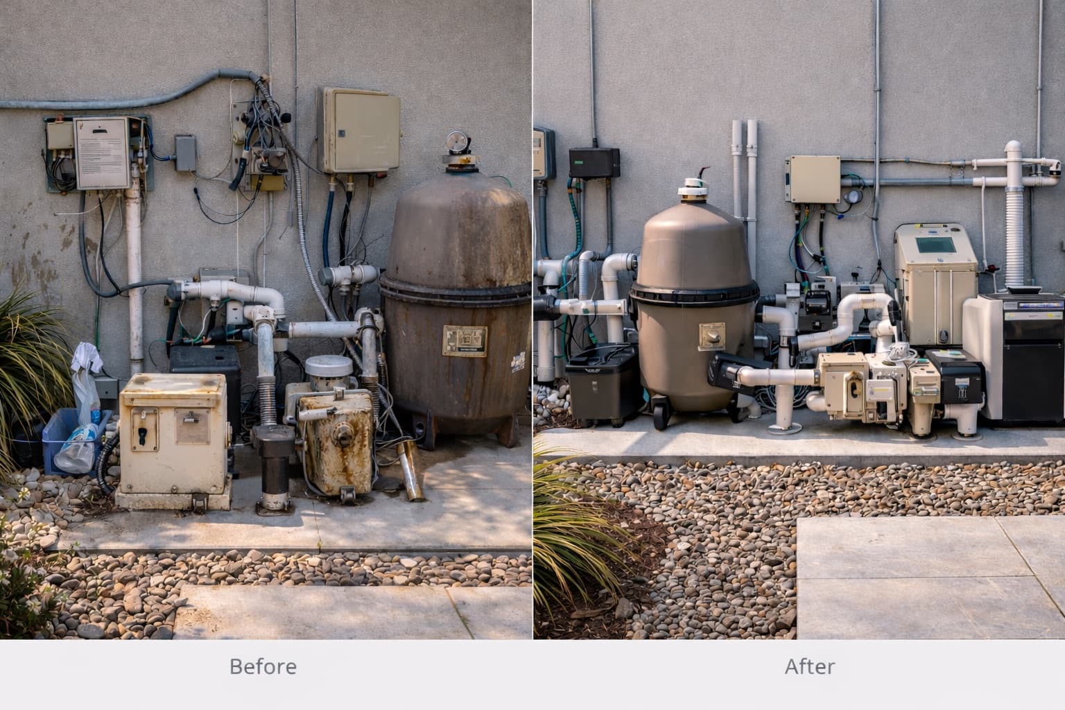 Before and after pool equipment upgrade