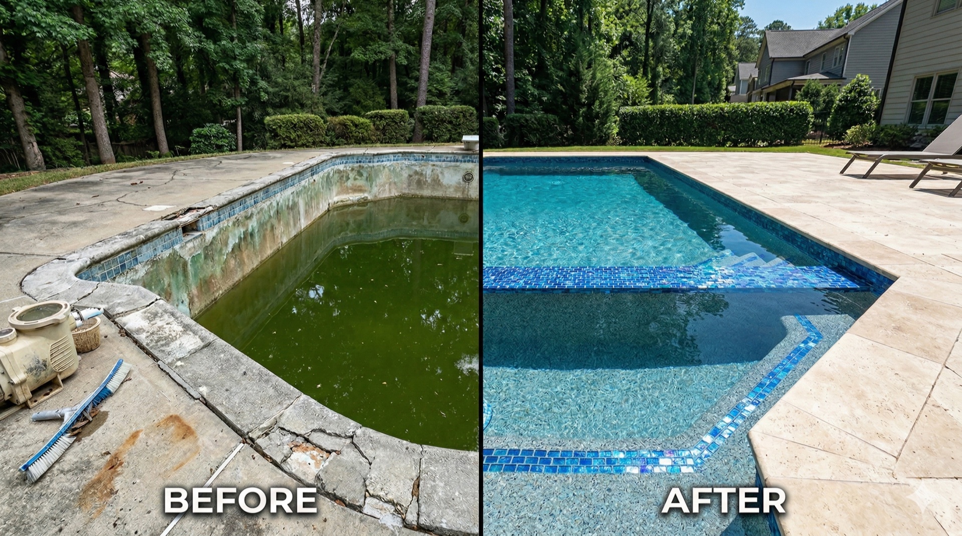 Before and after pool renovation — deteriorated pool transformed to pristine condition