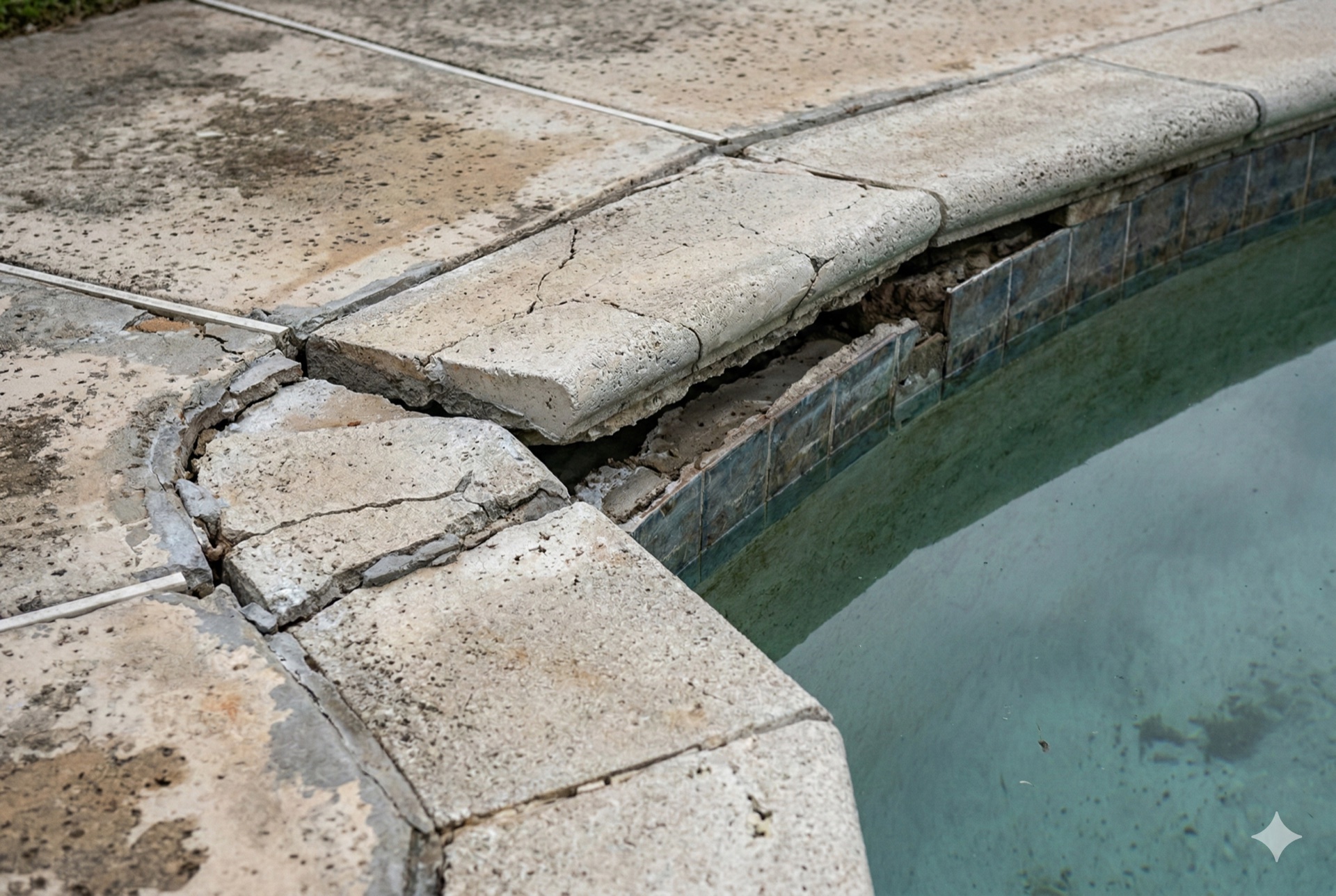Cracked and shifted pool coping with visible gap between coping and bond beam