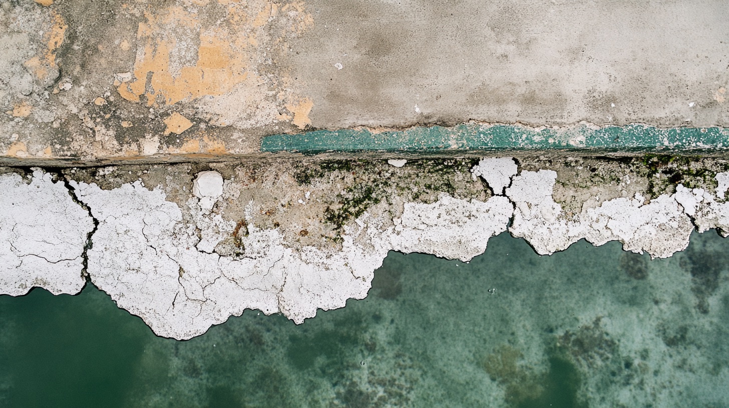 Deteriorated pool surface at waterline showing delamination, calcium deposits, and algae growth