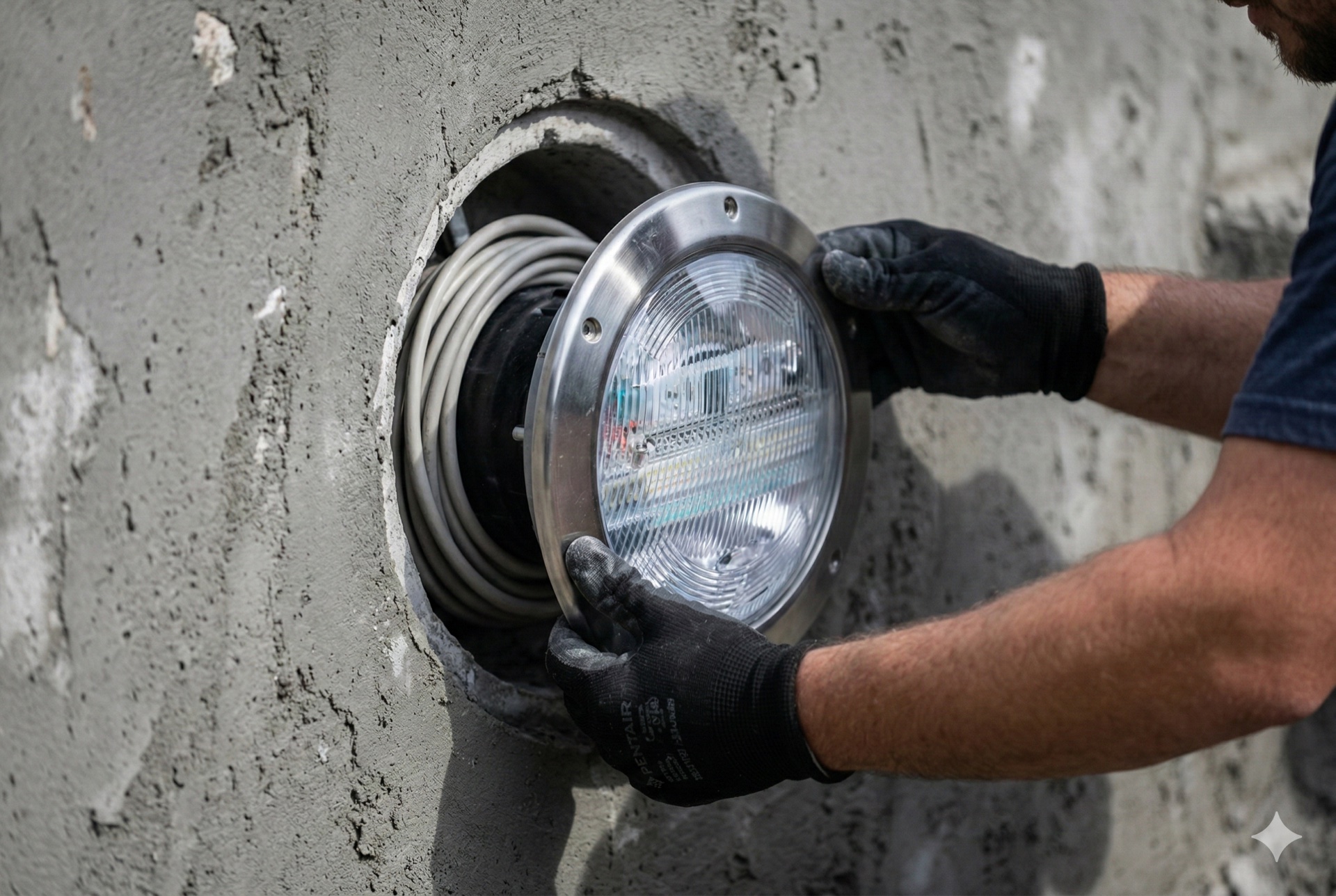 Pentair IntelliBrite LED pool light fixture being installed into a wall niche in a drained pool shell