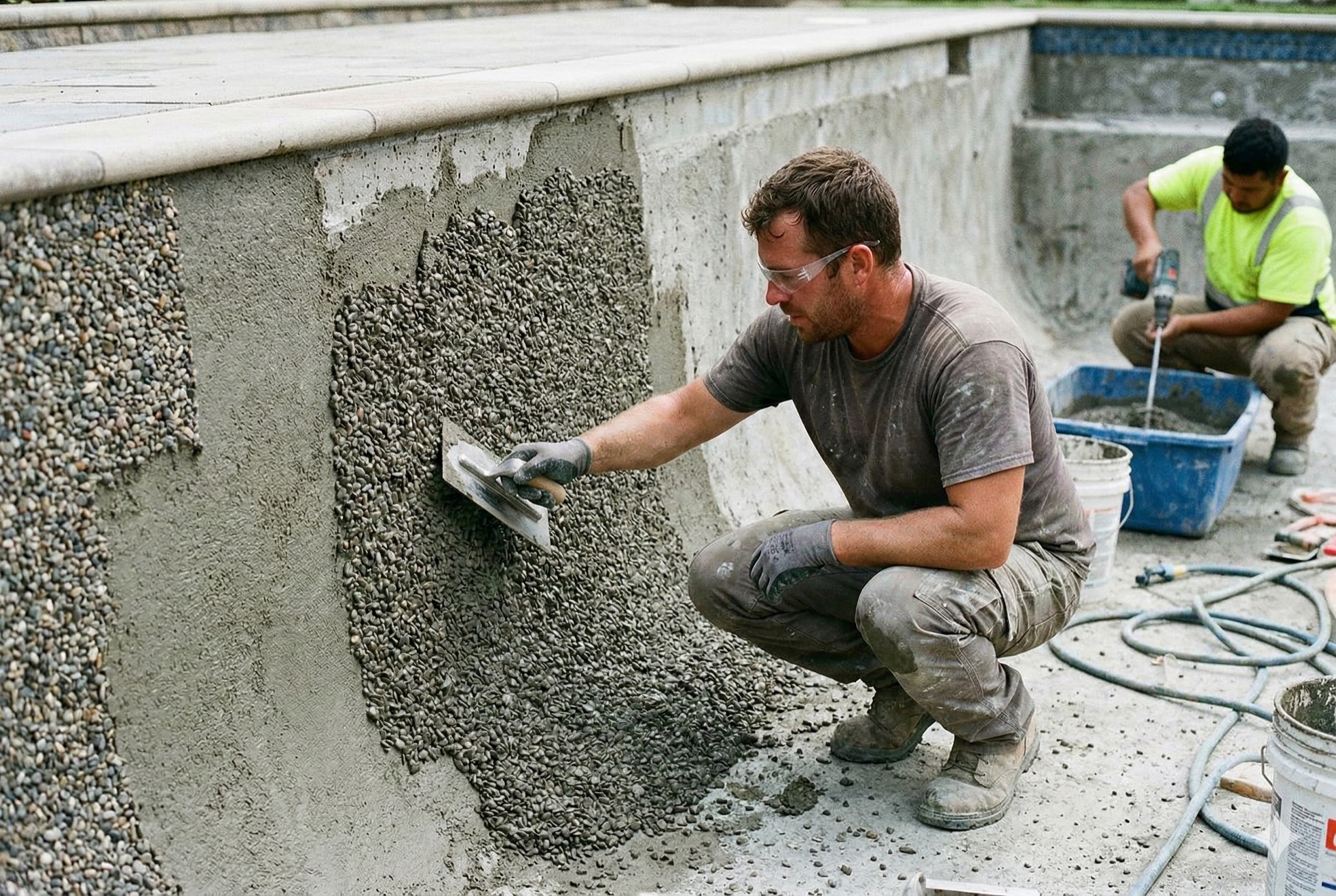 Crew member hand-troweling pebble aggregate pool finish onto pool wall during resurfacing