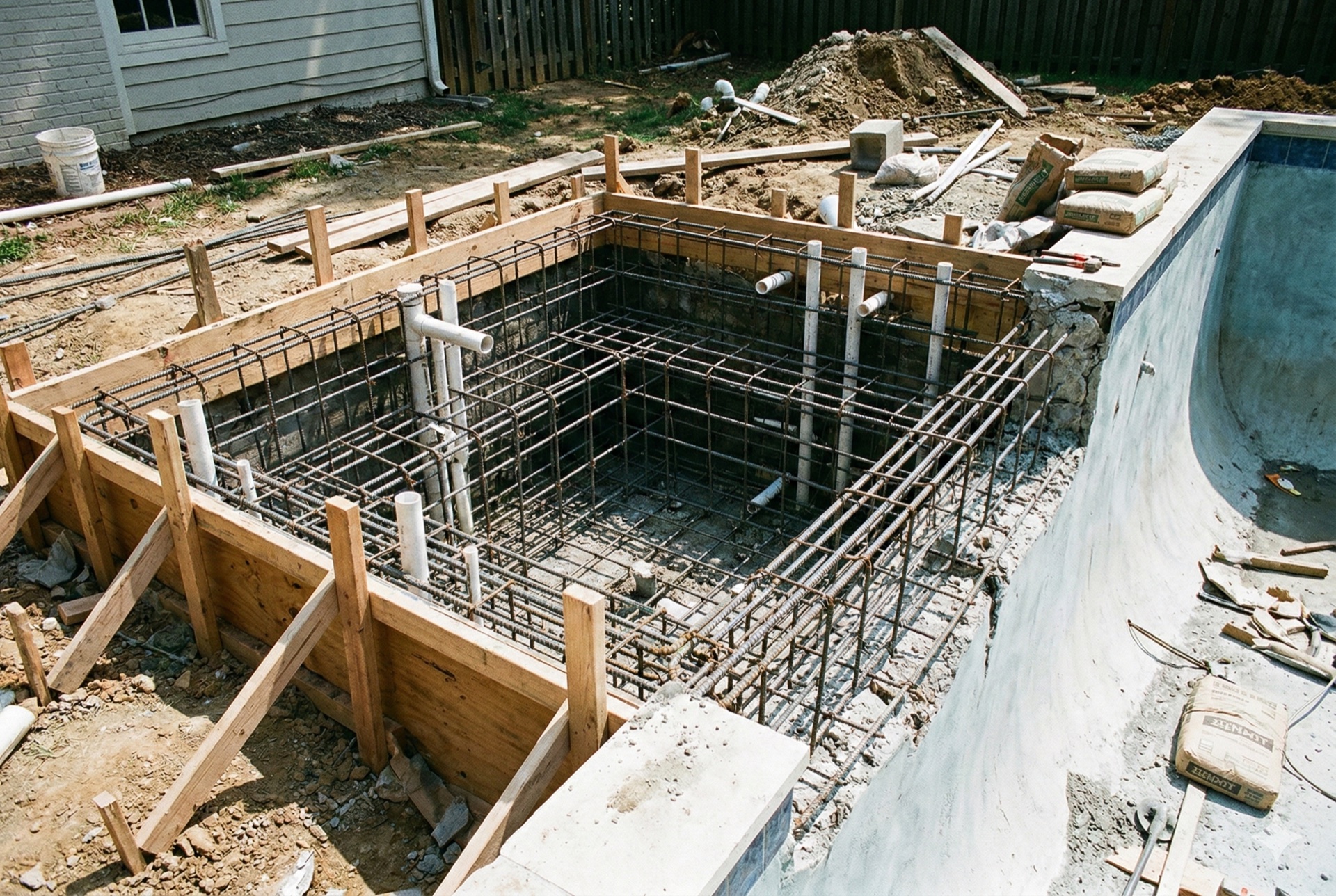 Spa addition under construction next to existing pool showing rebar cage, wooden forms, and PVC plumbing