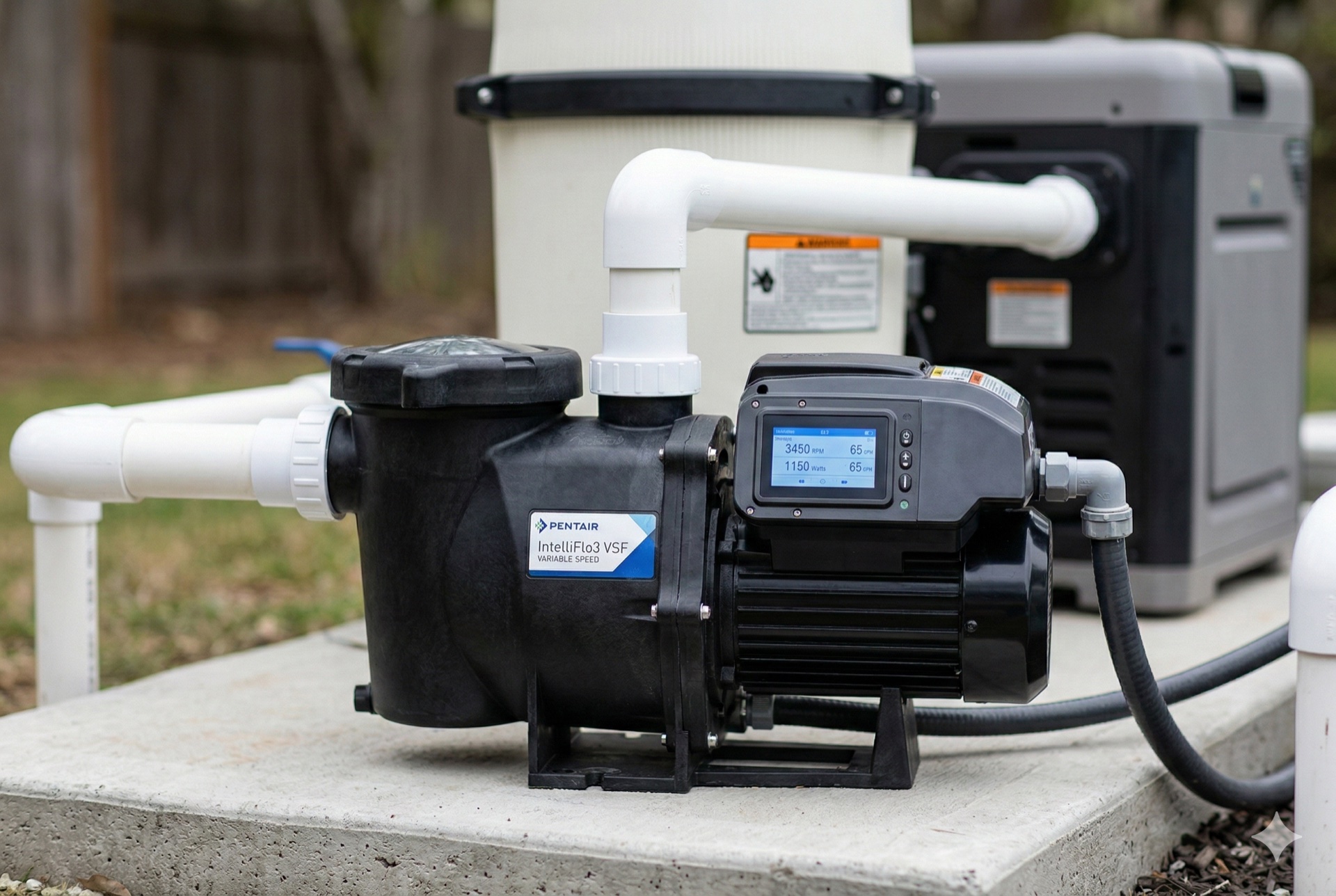 Pentair IntelliFlo3 VSF variable-speed pool pump with LCD display showing RPM, wattage, and flow rate