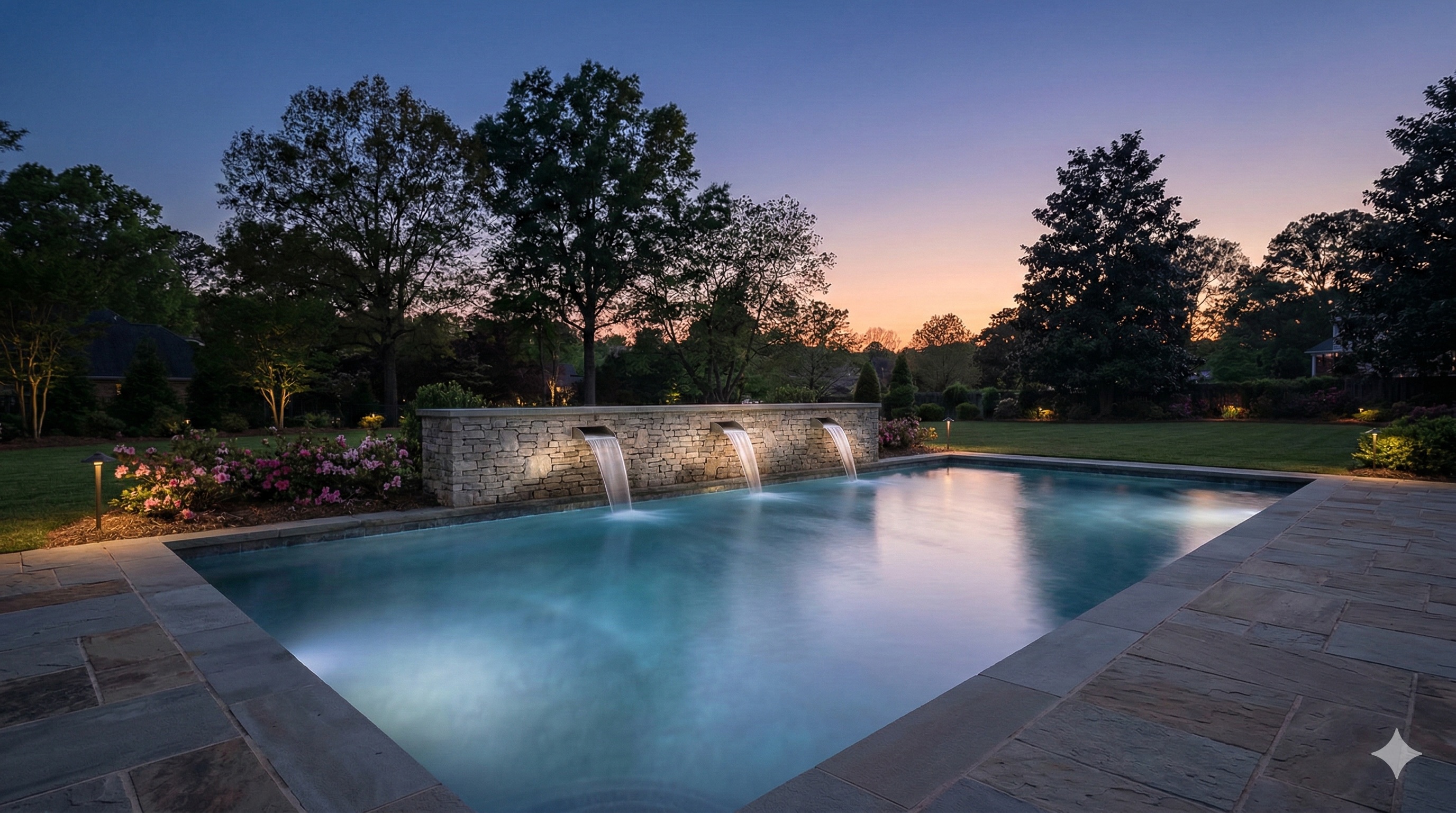 Pool with water features illuminated at dusk after renovation